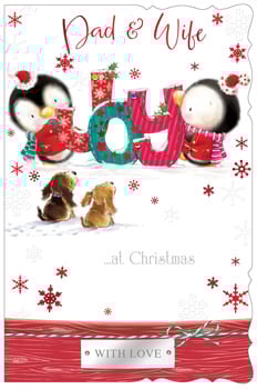 A Dad and Wife Christmas card, with two penguins and two dogs.