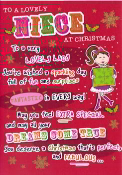 A Christmas card that says "To a lovely niece at Christmas."