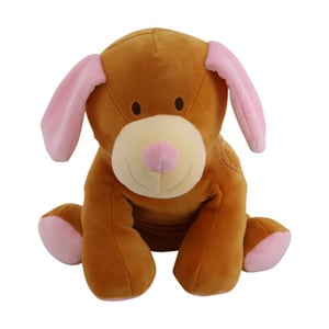 A brown stuffed animal with pink ears sits on a white background.