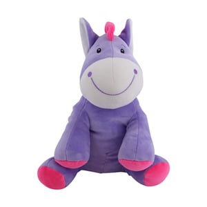 A purple stuffed animal with a pink nose and pink feet.