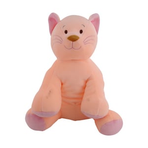 A pink stuffed animal with a yellow nose sits on a white background.