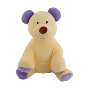 A yellow teddy bear with purple ears and paws is correct.