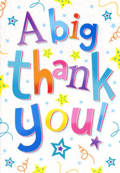 A colorful thank you card with stars and confetti.