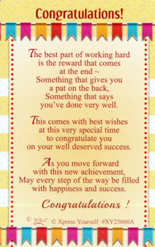 A card that says "Congratulations" on it.