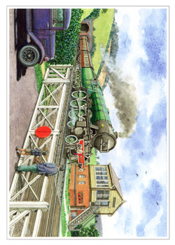A painting of a train going over a bridge.
