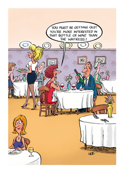 A cartoon of a waitress talking to a man holding a bottle of wine.