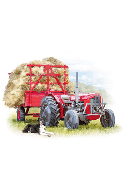 A painting of a red tractor pulling a trailer full of hay.