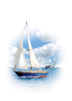 Two sailboats are floating in the ocean on a cloudy day.