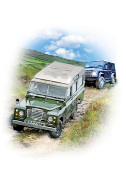 A green Land Rover is driving down a dirt road.