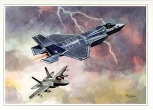 A painting of two fighter jets with lightning in the background.