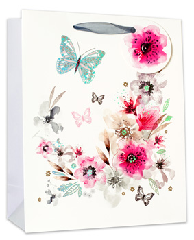 A white bag with pink flowers and butterflies on it.