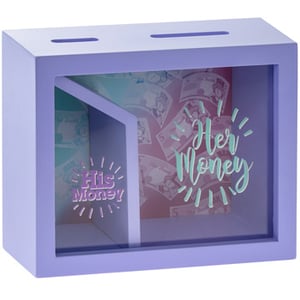 A purple piggy bank that says "her money" on it.