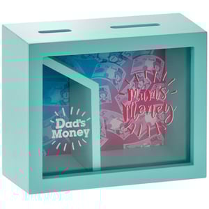 A blue and pink piggy bank that says "Dad's money".