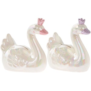 Two piggy banks in the shape of swans with crowns on their heads.