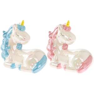 Two ceramic unicorns are sitting next to each other on a white background.