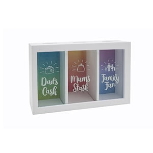 A piggy bank that says "Dad's Cash, Mum's Stash, and Family Fun."