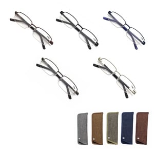 Several pairs of glasses line up on a white background.