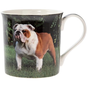 A mug with a picture of a bulldog on it.
