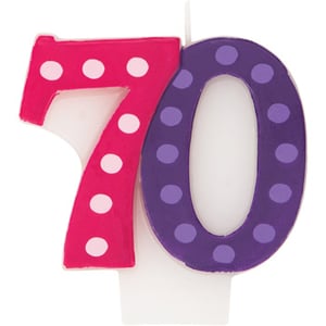 A pink and purple number 70 candle with polka dots.