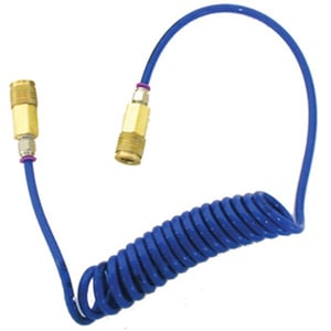 A blue coiled hose with two brass connectors.