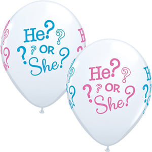 Two balloons that say "he or she" on them.