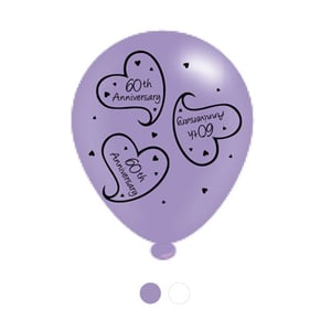 A purple 60th anniversary balloon with hearts is on it.
