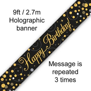 A black and gold happy birthday banner repeated 3 times.