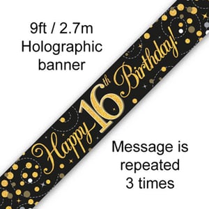 A black and gold banner that says "Happy 16th Birthday."
