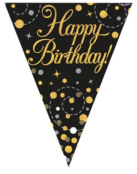 A black and gold birthday banner that says "Happy Birthday".