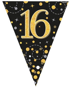 A black and gold flag with the number 16 on it.