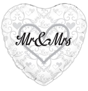 A heart-shaped balloon that says "Mr. and Mrs."