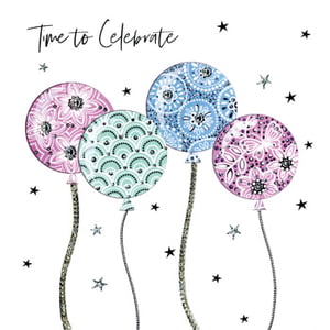 A time to celebrate card with balloons and stars. [No grammatical errors]