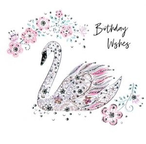 A birthday card with a swan and the words "birthday wishes."