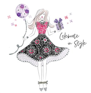 A woman in a dress is holding a gift and a balloon with the words "celebrate in style" beneath her.