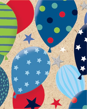 A paper with balloons and stars on it.