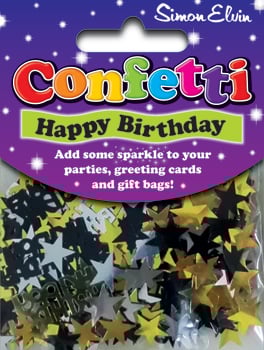 A package of confetti that says "Happy Birthday" on it.
