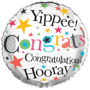 A congratulations balloon that says "yippee congratulations hooray!"