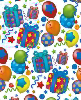 A seamless pattern of gift balloons and stars on a white background.