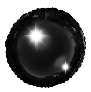 A black balloon with two white stars is on it.