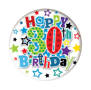 A happy 30th birthday badge with stars and polka dots.