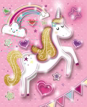 A unicorn with a rainbow and hearts is on a pink background.