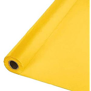 A roll of yellow plastic tarp is on a white background.