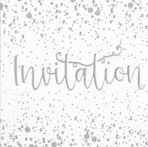 The word invitation is on a white background with silver dots.