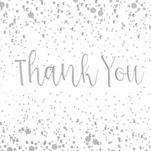 A thank-you card with silver polka dots on a white background.