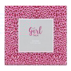 A pink leopard-print photo frame that says "Girl Talk."