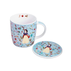 A mug with Snow White on it and a coaster that says "Be a friend you can trust."