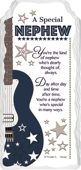 A sign that says "a special nephew" on it.