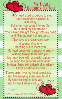 A card that says, "My heart belongs to you."