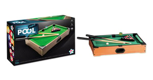 A pool table is shown next to its box.