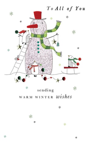 A Christmas card that says to all of you, sending warm winter wishes.